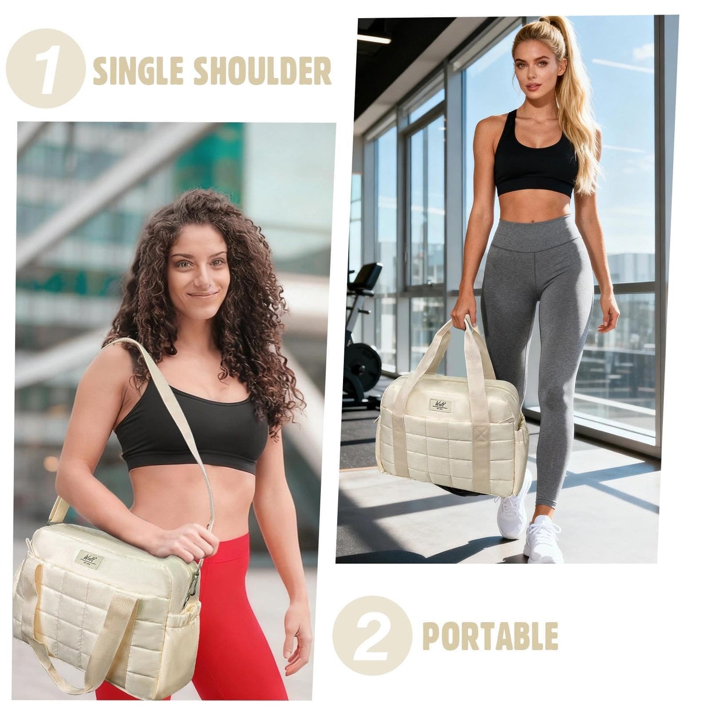 WOLT Small Gym Bag for Women, 14 inch Lightweight Gym Duffle Bag with Wet Compartment Quilted Tote for Sports Workout, Beige