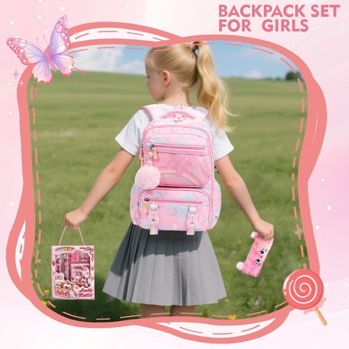 QJHEC Kawaii Starry Rainbow Backpack for Girls – Butterfly Bookbag with Fluffy Charm, Pencil Case & Study Set for Kids & Teens – Pink 17.5inch