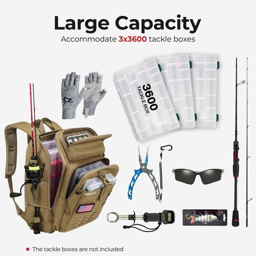 Piscifun Fishing Tackle Backpack with Rod & Gear Holder, Lightweight Outdoor Water-Resistant Fishing Shoulder Storage Bag with Protective Rain Cover, Khaki
