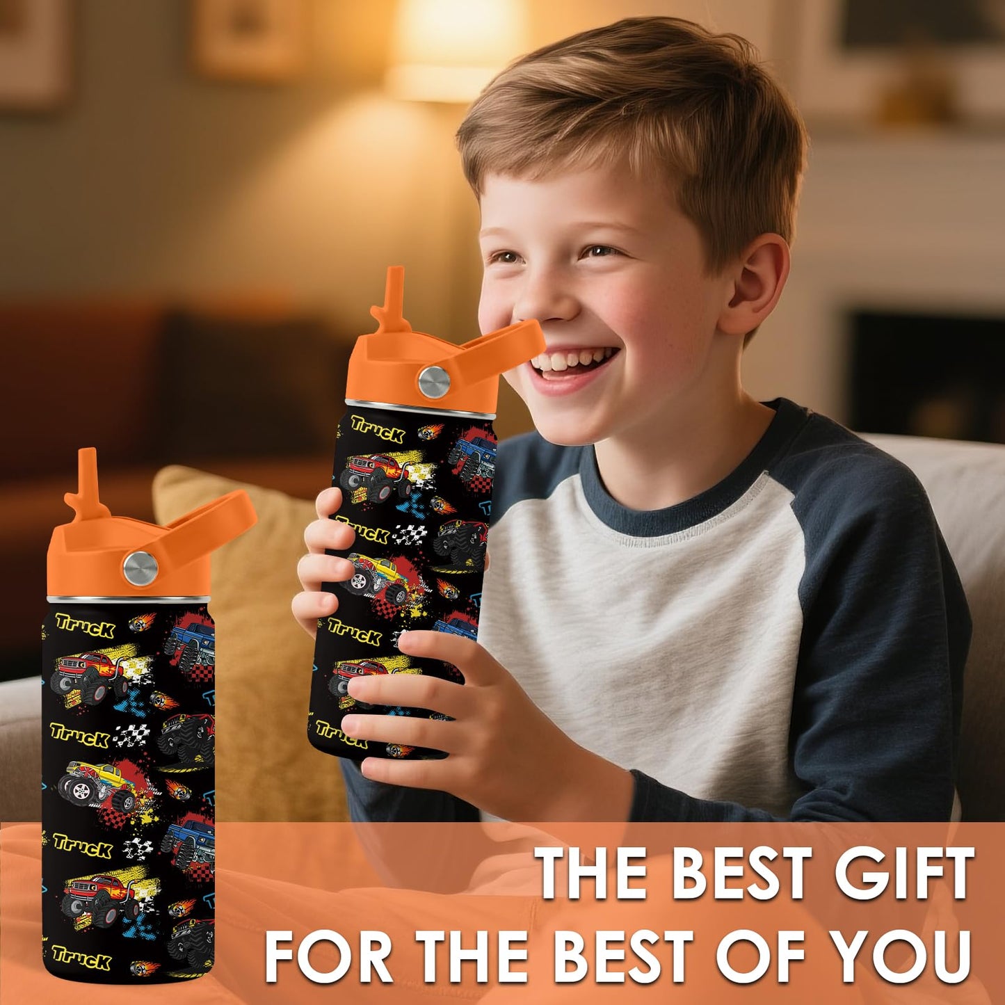 Monster Truck Gifts for Kids, 16oz Boys Water Bottle with Straw Lid, Stainless Steel Insulated Cup, BPA-Free, Leak Proof Kids Water Bottle for Monster Truck Fans, School Travel Birthday Gift (1pc)