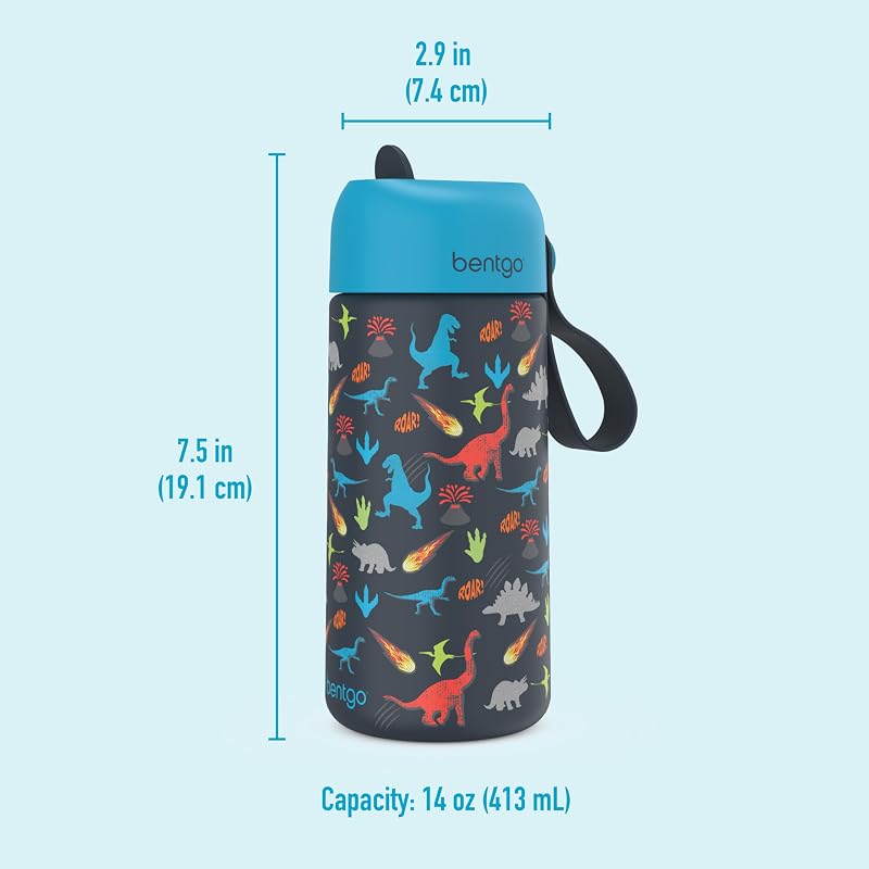Bentgo Kids 14 oz Stainless Steel Water Bottle - Leak-Proof Bite & Sip (Dinosaur Variation)