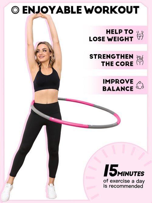 Phobby Weighted Exercise Hoop for Adults, 2.2lb Detachable Fitness Hoop, Adjustable Hoops with Jump Rope, Tape Measure and Carry Bag, Home Gym Workout (Pink Grey)