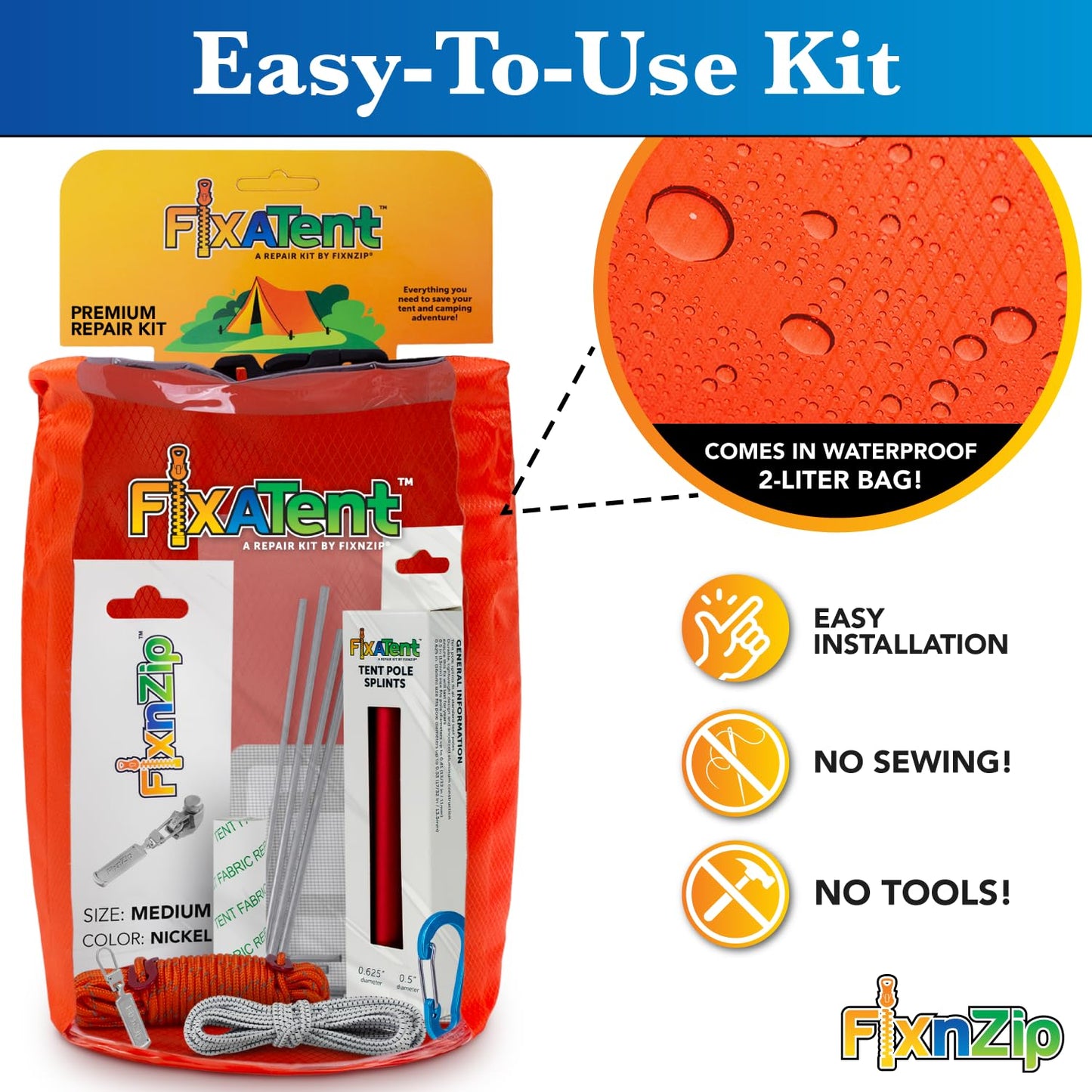 FixNZip FixATent Premium | Complete Tent Repair Kit with Zipper Slider, Pole Splints, Shock Cord, Screen Patches, Fabric Tape, Stakes, Guy Rope & Waterproof Dry Bag | Full Camping Gear Emergency Kit