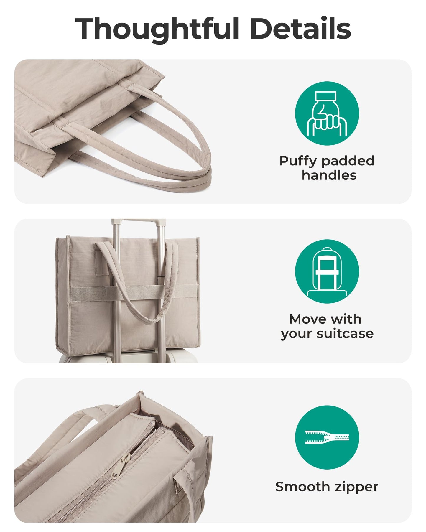 BAGSMART Tote Bag for Women, 2Pc Puffy Tote Bag Set with Zipper, Quilted Large Work Teacher Bag for Travel