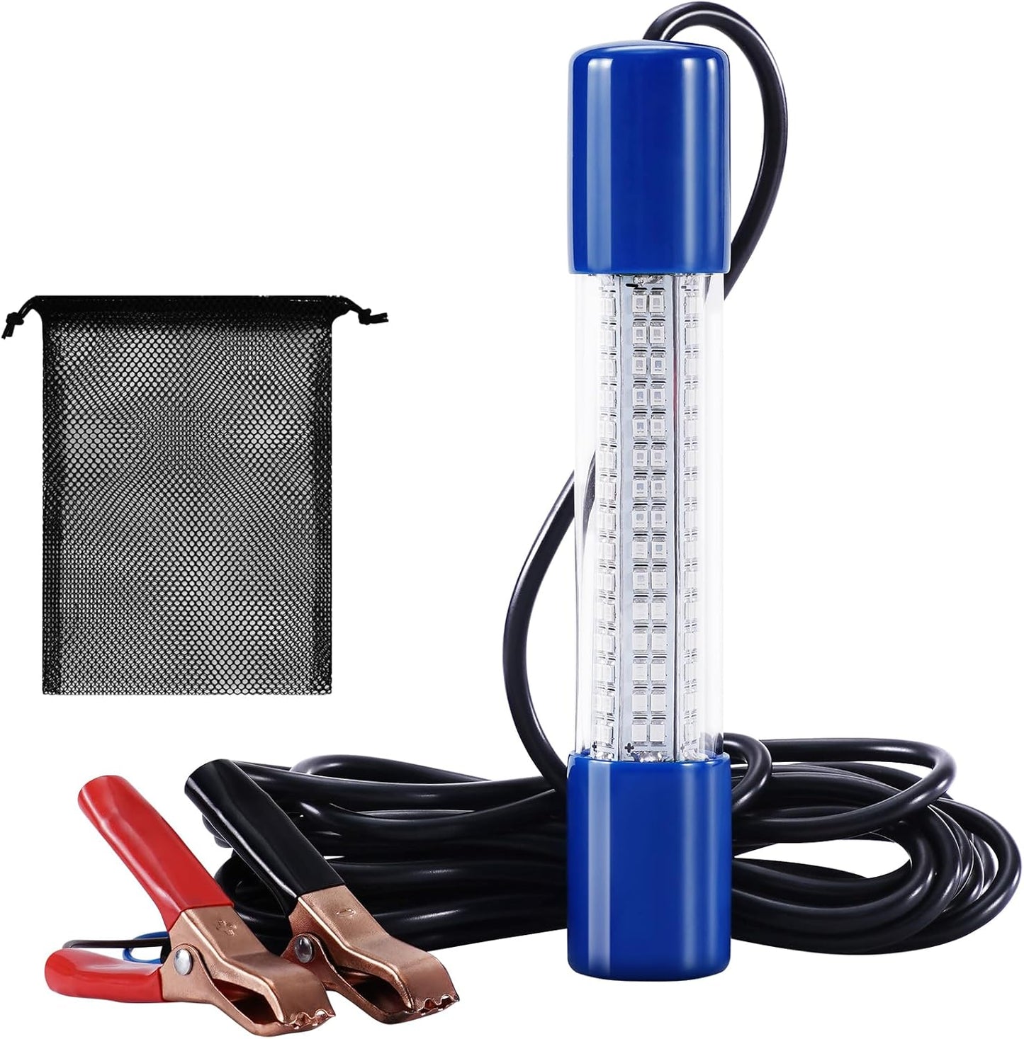 18W Underwater Fishing Light, IP68 Waterproof DC 12-24V LED Fish Bait Light Submersible Finder Attractants Lamp for Crappie Shrimp Squid Catfish + Battery Clamps, 16.4ft Cable Green/Blue/White Light