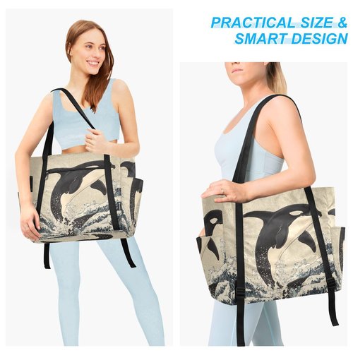 MCHIVER Killer Whales Waves Beige Black Yoga Bags for Women Pilates Bag with Adjustable Space for Yoga Mat Carrier for Beach Office Gym Workout Travel