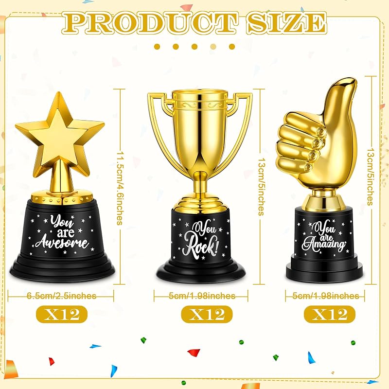 Bulk 36 Pack Gold Trophy Awards - 3 Styles, 4.6-5 Inch Plastic Trophies