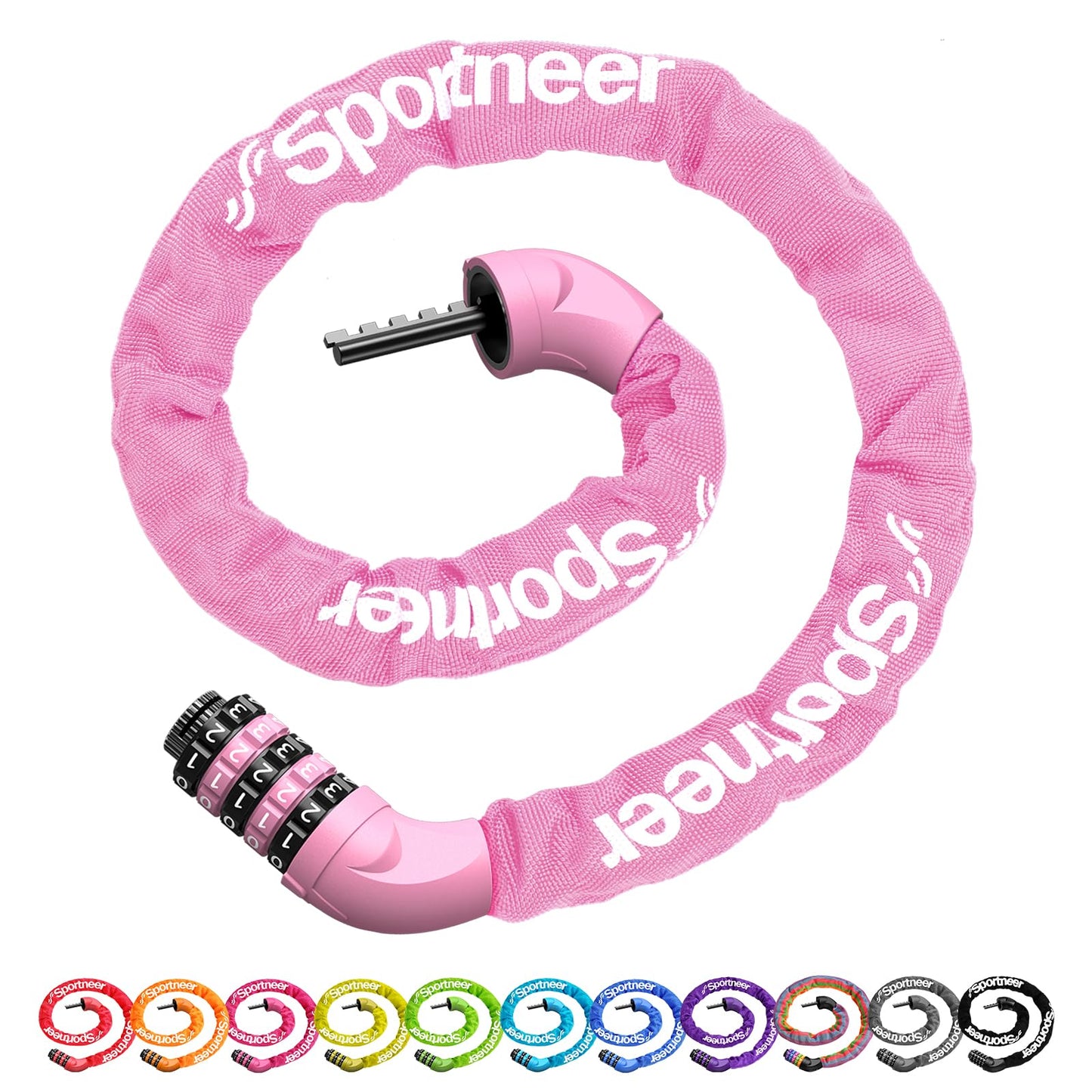 Sportneer Bike Lock: 5 Digit Combination High Security Anti Theft Bike Chain Lock - 3.2/3.6/4ft Heavy Duty Resettable Keyless Bicycle Lock for Bike, Motorcycle, Scooter, Door - 6mm Thick Pink