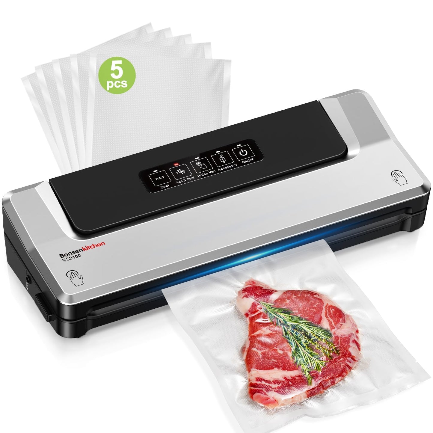 Bonsenkitchen Vacuum Sealer Machine, Fast-Compact Food Sealer, Multi-Functional Food Vacuum Sealer with 5 Vacuum Bags & Accessory Hose, Technology for High-Speed Continuous Working, Silver