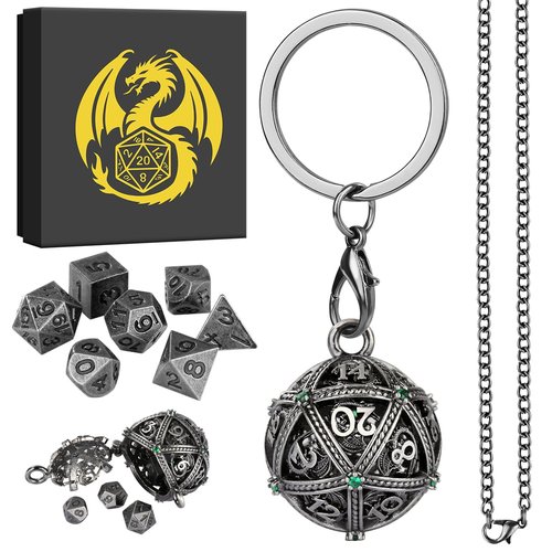 Mini DND Dice Set with Spherical Hollow D20 Metal Case Portable Keychain Necklace, Tiny 7pcs Polyhedral D&D Dice Set, DND Gifts with Gift Box, D&D Accessories for RPG（Green Diamond, Silver）