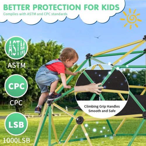 Climbing Dome,10FT Dome Climber with Hammock, Outdoor Play Equipment for 3 to 10 Children, Supports Jungle Gym up to 1,000 lbs, Rust Resistant, Easy to Assemble, Gift for Kids, Green+Yellow