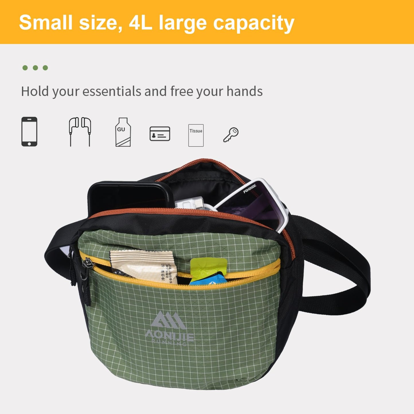 AONIJIE Crossbody Bag for Women Men, 4L Adjustable Sling Waist Pack, Water-Resistant Multi-Pocket Belt Bag for Travel, Hiking, Walking, Everyday Carry - Black