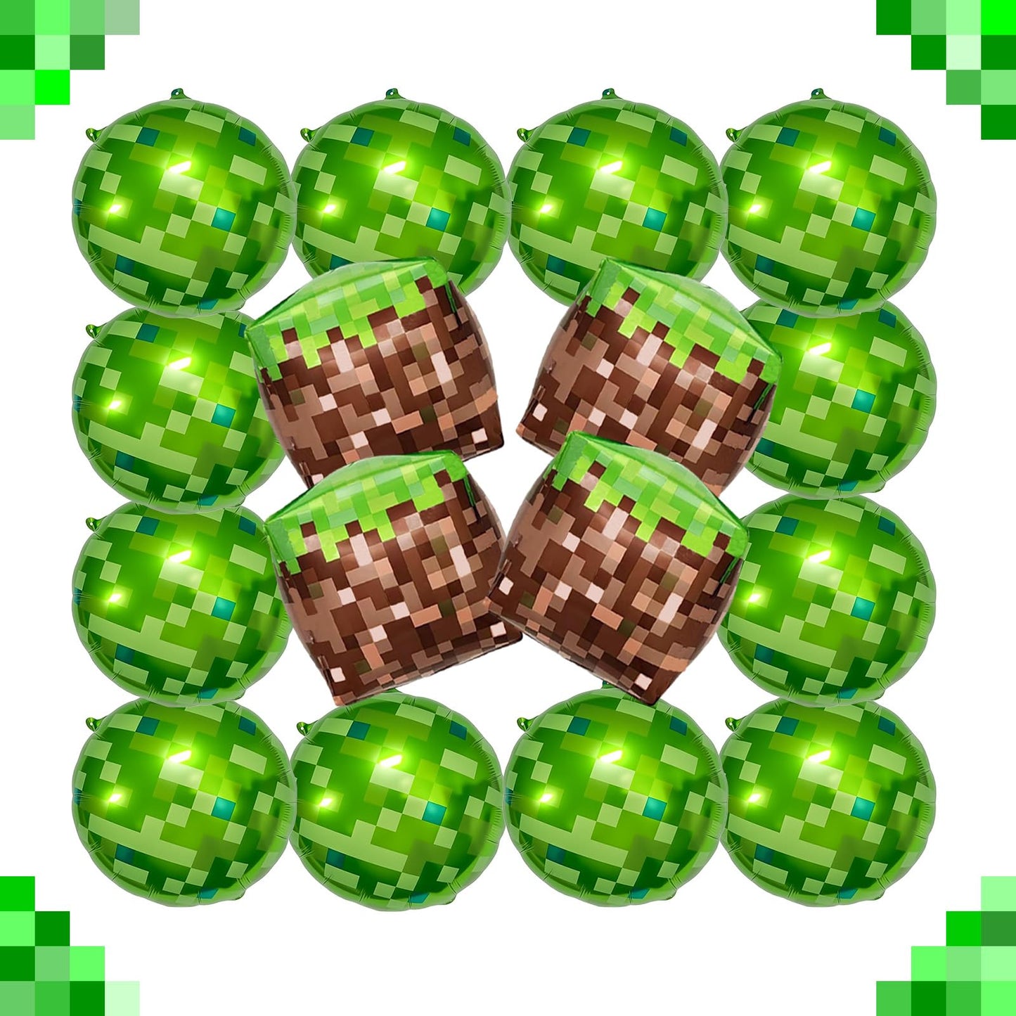 21" Pixel Foil balloons, 16Pcs Large MIning Foil Metallic Balloons Video Game Themed Party Decorations for Kids' Birthday Anniversary Party