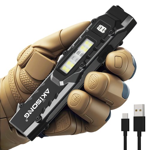 AKISONG EDC Tactical Flashlight, 1,200 Lumens Flat Flashlights Rechargeable, Dual-Switches LED Small Pen Light Digital Display, Stainless Steel 9 Modes Pocket Flash Light for Home, Camping, Emergency