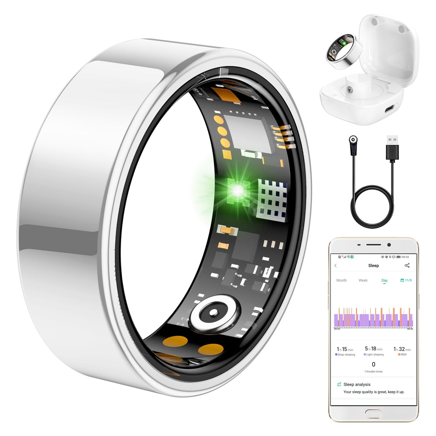 Ring Health Tracker for Women Men, Fit Ring with Heart Rate, Blood Oxygen, Sleep Monitor, Calories, Step Counter, IP68 Waterproof Smart Ring for iPhone & Android, No Subscription Fee (Silver, 13#)