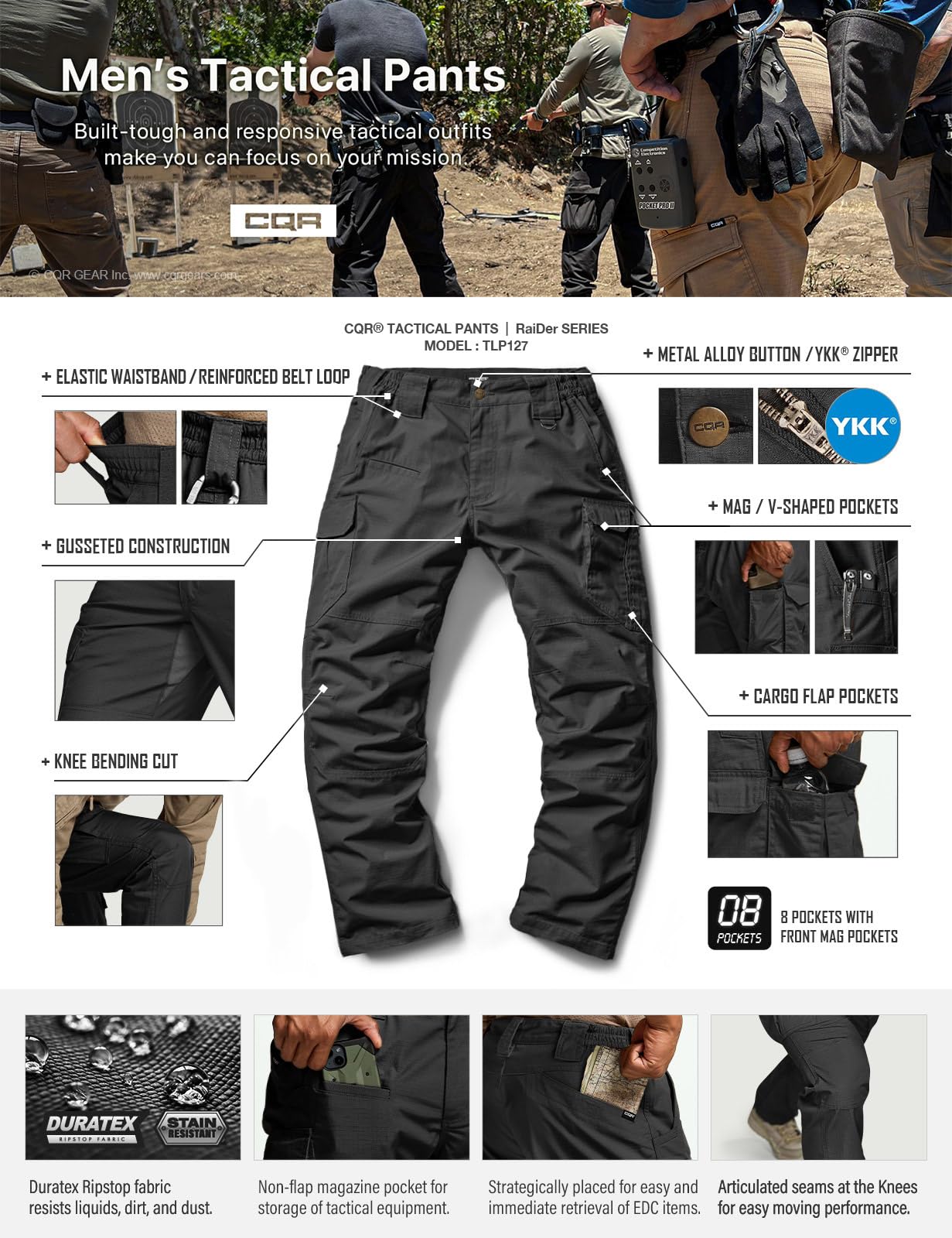 CQR Men's Tactical Pants, Water Resistant Ripstop Cargo Pants, Lightweight EDC Work Hiking Pants, Outdoor Apparel, Raider Mag Pocket Black, 40W x 34L