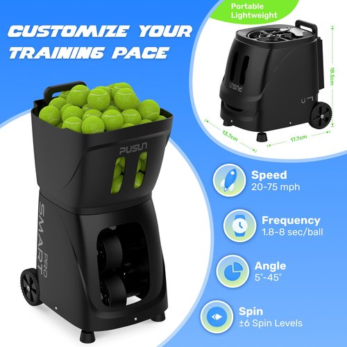 PT-Smart Pro Tennis Ball Machine, Internal Oscillation, App-Controlled, 12–75 mph Speed, 100-Ball Capacity, 5-Hour Battery, 20 Landing Points – for Intermediate to Advanced Players
