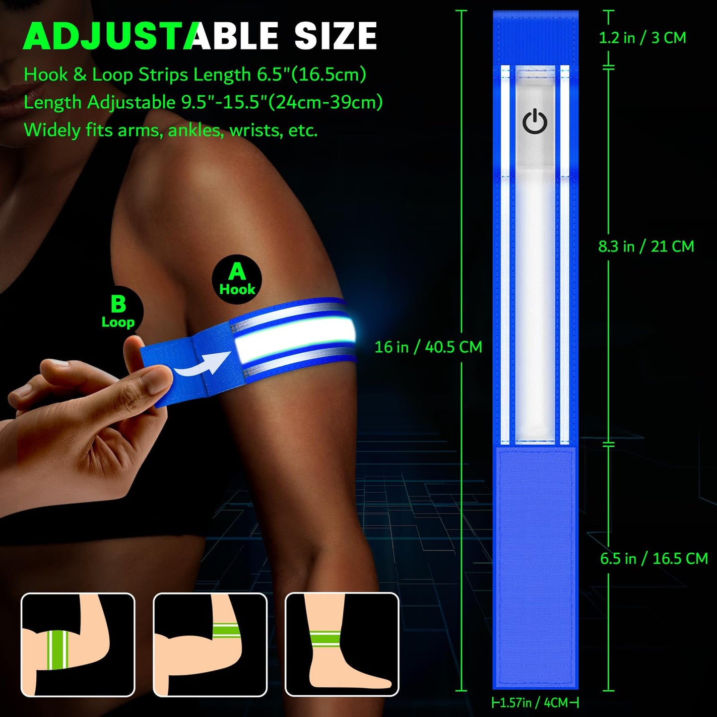 LED Armband for Running(2 Pack),Light Up Arm Bands for Night Walking Running,Rechargeable Lights for Runners,High Visibility Reflective Running Gear Adjustable Light Up Wristbands (Blue, Regular)