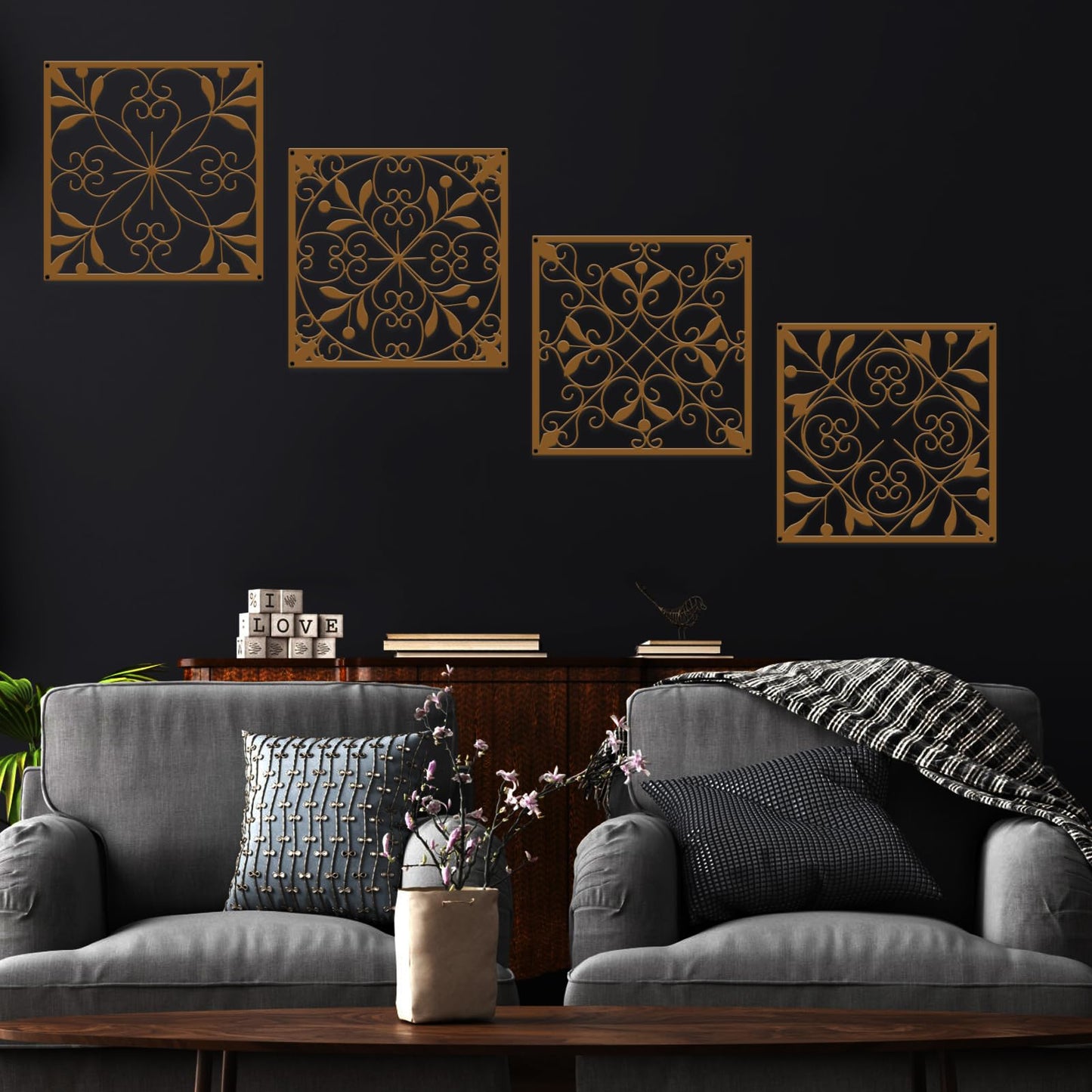Resama 4 Pieces Rustic Wall Decor Farmhouse Wall Decor for Living Room Metal Hollow Carved Design Metal Decorative for Home Bedroom Kitchen Office (Brownish Orange,Square)