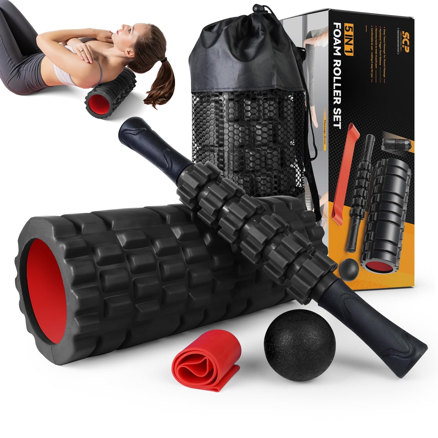 5 in1 Foam Roller Set, Trigger Point Foam Roller, Massage Roller Stick, Massage Ball, Resistance Band for Deep Muscle Massage Pilates Yoga,Fitness Exercise for Whole Body (Black)
