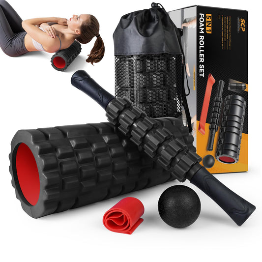 5 in1 Foam Roller Set, Trigger Point Foam Roller, Massage Roller Stick, Massage Ball, Resistance Band for Deep Muscle Massage Pilates Yoga,Fitness Exercise for Whole Body (Violet)