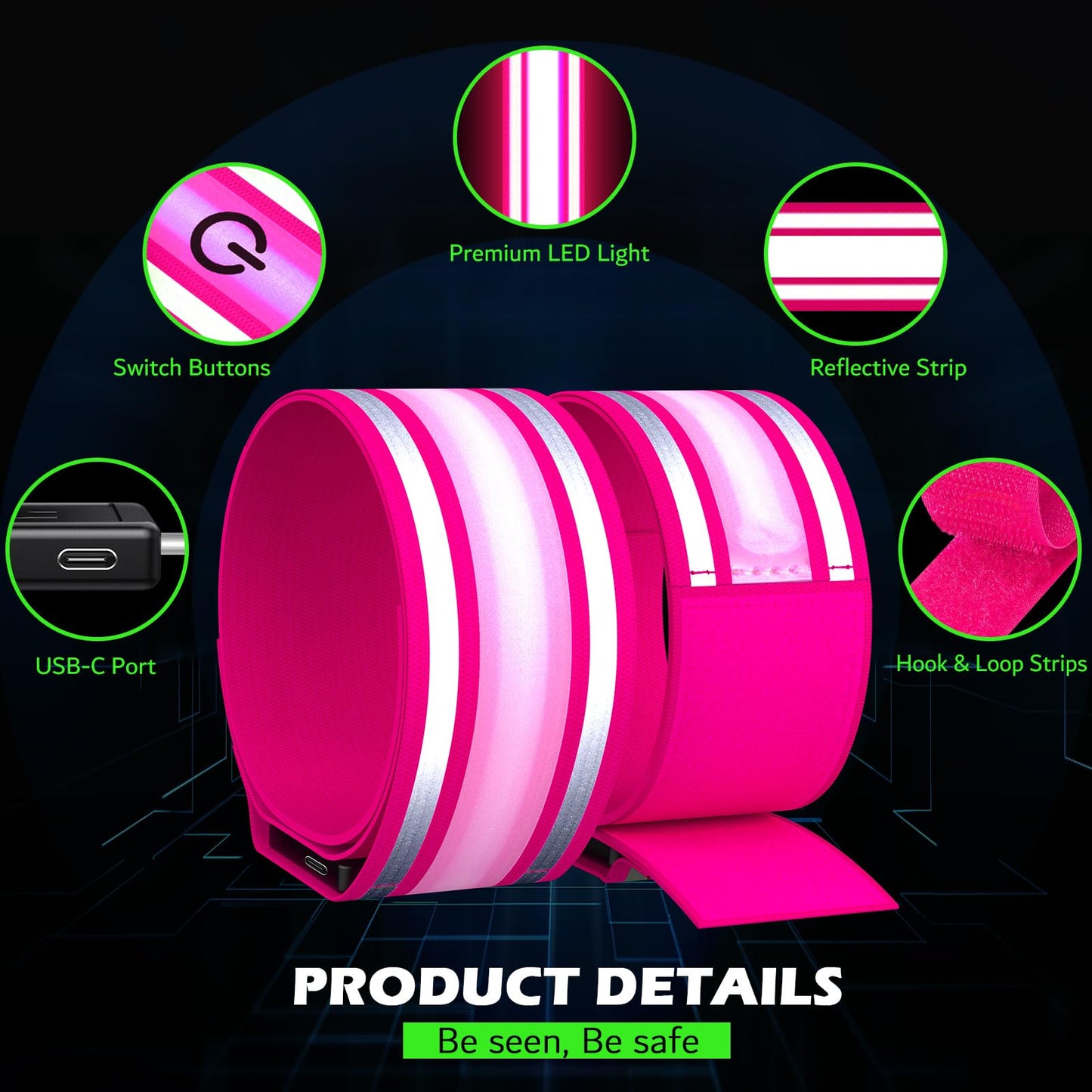 LED Armband Rechargeable for Running(2 Pack),Light Up Arm Bands for Night Walking,Running Lights for Runners,High Visibility Reflective Running Gearr for Night Safety Light Up Wristbands (Pink)