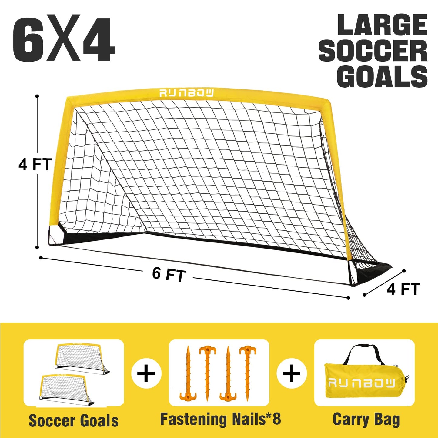 RUNBOW 6x4 ft Portable Kids Soccer Goal for Backyard Practice Soccer Net with Carry Bag (6x4 FT, 2 Pack, Yellow)