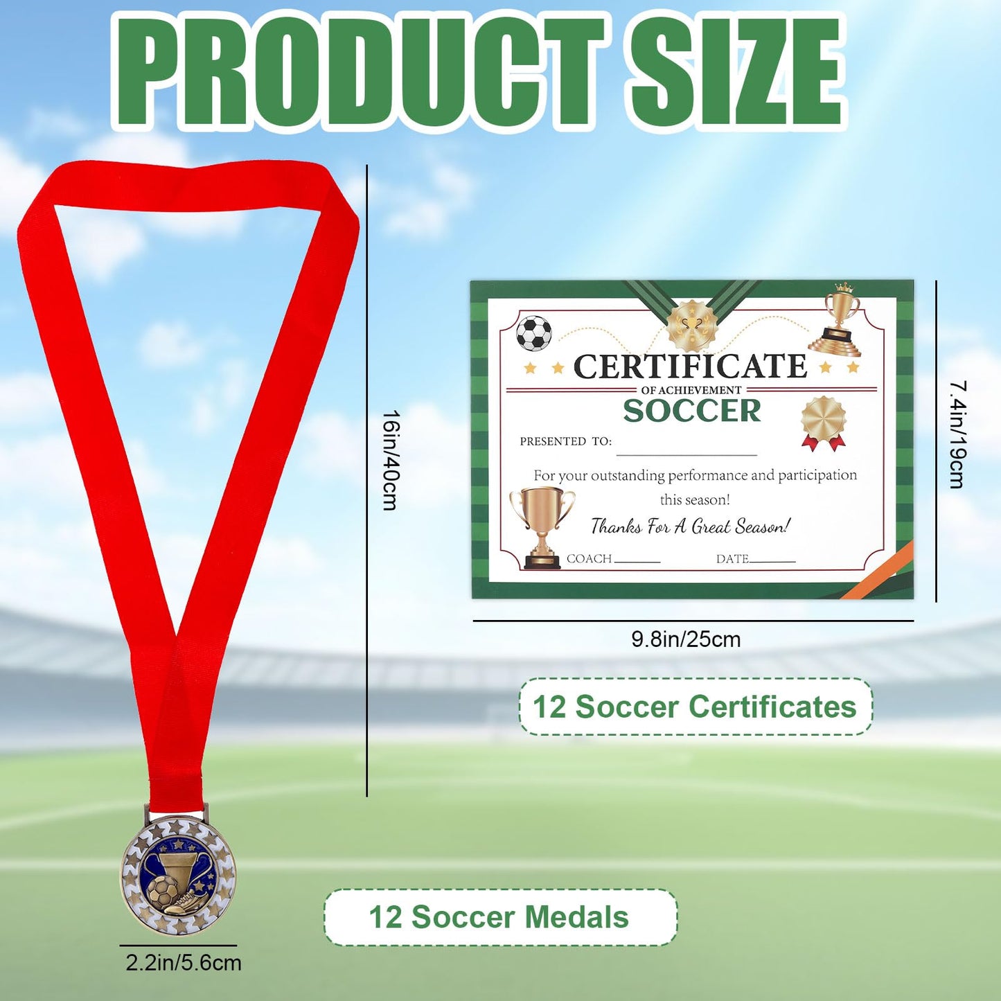 SvkOjmx 12 Pcs Soccer Medals with 12 Pcs Achievement Award Certificates Team Participation Medals with Red Ribbon Metal Champion Award Trophy for Soccer Themed Party Favors Participant Trophy Prize