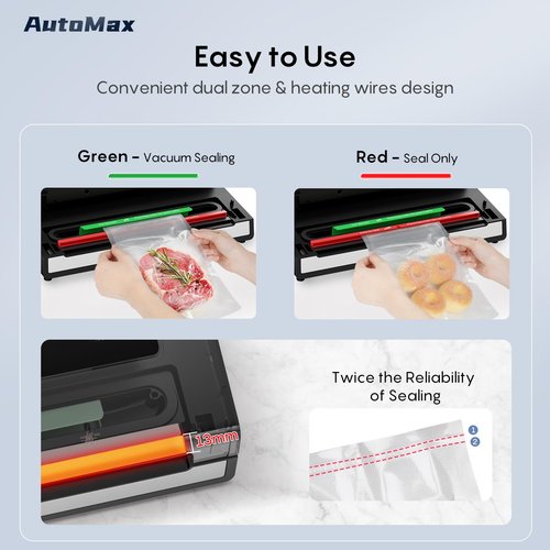 FRESKO Automatic Vacuum Sealer 95KPA Double Pump | Double Heat Seal for 8X Freshness | Pulse Vac Mode for Delicate Foods | Starter Kit with Bags 10-Pack