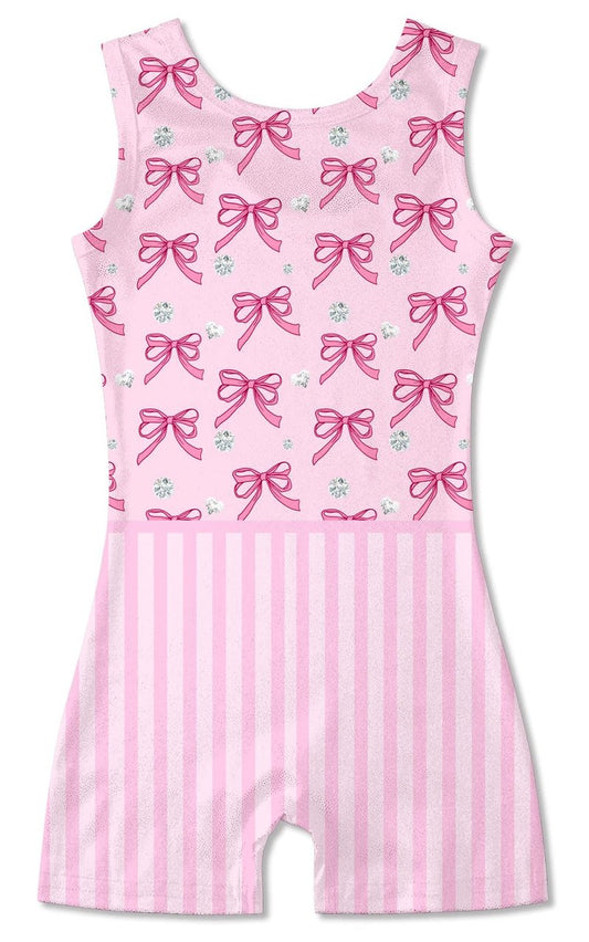 Funnycokid Gymnastics Leotards for Girls Dance Unitard Sparkly with Shorts, Pink bow, 5-6 Years