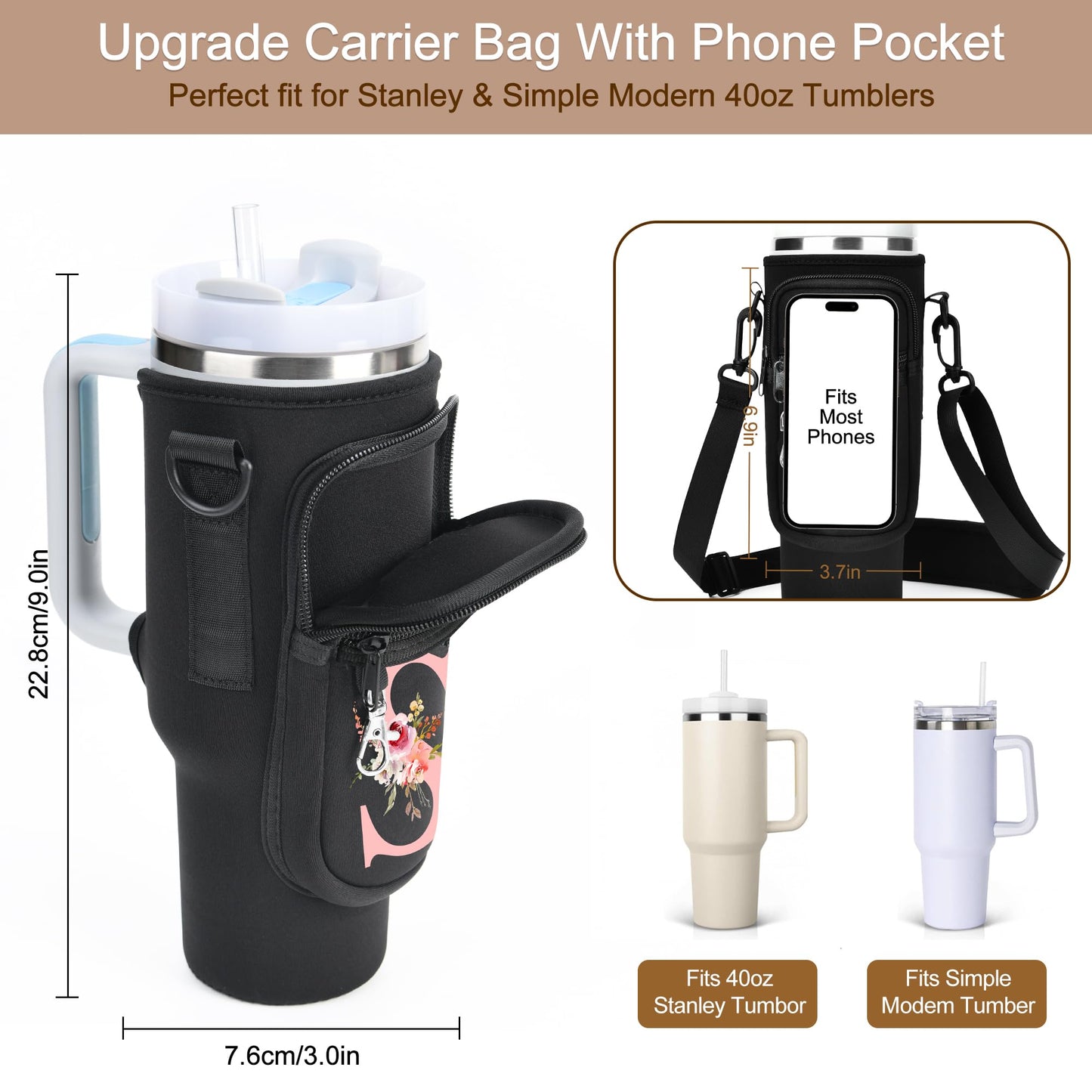 Sernaxi Initial Water Bottle Holder with Strap for Stanley Cup Accessories 40 oz/Simple Modern Tumbler, Birthdays for Women Girls, Water Bottle Carrier Bag with Phone Pocket,Hiking Walking Gym Camping