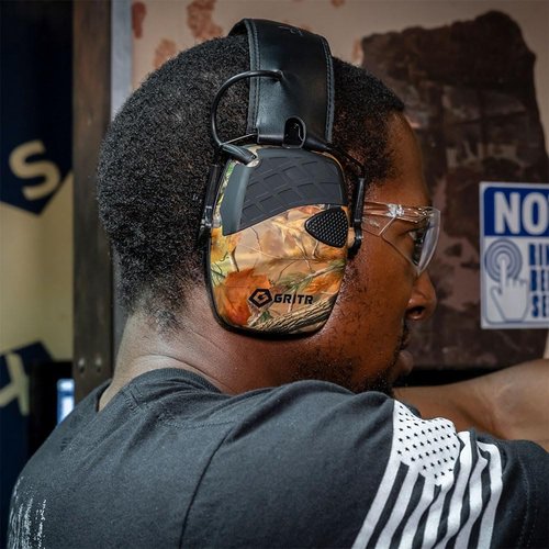 GRITR Electronic Hearing Protection w/EVA Case - Ear Muffs for Noise Reduction w/ 5X Sound Amplification - Personal Protective Equipment & Safety Gear for Shooting, Hunting, Industrial Work, Camo