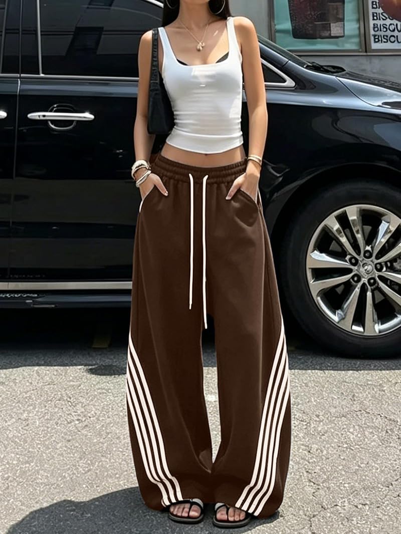 Emmiol Women’s Y2K Baggy Stripe Sweatpants - High Waist Wide Leg, Brown XX-Large