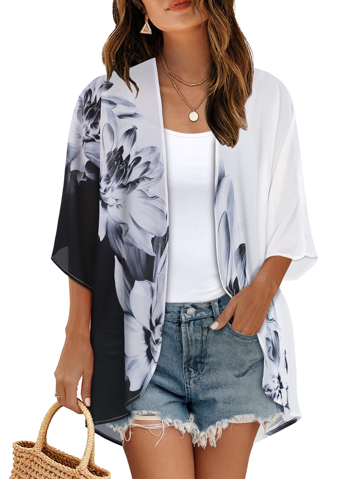 Women's Floral Kimono Print Puff Sleeve Loose Cardigan Cover Up Casual Blouse Summer Tops (Black White Floral, L)