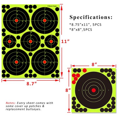 GearOZ Splatter Shooting Targets Stickers, 20PCS & 4 Styles Adhesive Reactive Target Paper with Yellow Splatter Impact for BB Pellet Airsoft Guns Silhouette Targets Bull's-Eye Target