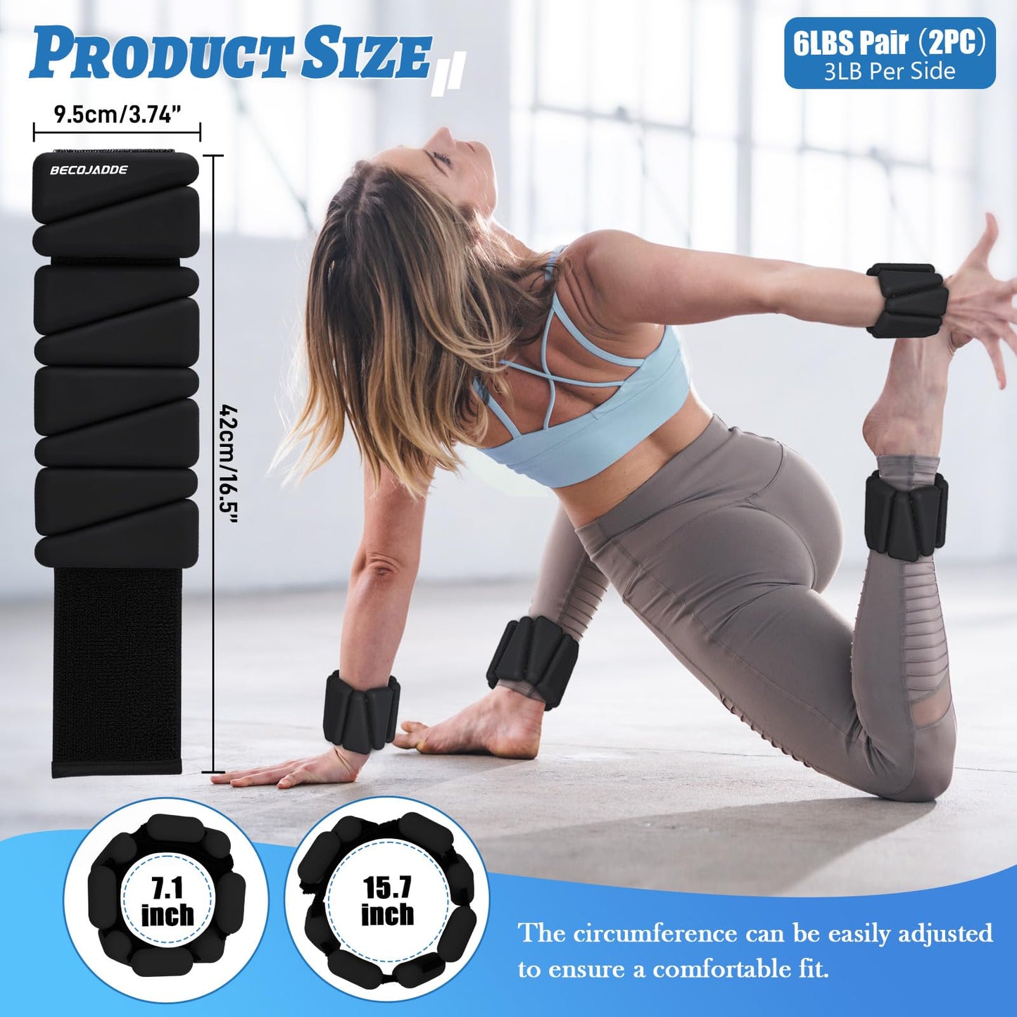 BECOJADDE Ankle Weights Set of 2 (3 lb Each) Adjustable Wrist Weights for Women Men Wearable Arm Leg Weight for Pilates, Running, Walking, Workout, Yoga, Black