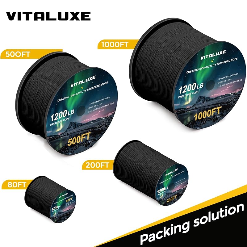 1200lb Paracord Rope 4.4mm 15-Strand Core with Spool, Variation: Black+80ft
