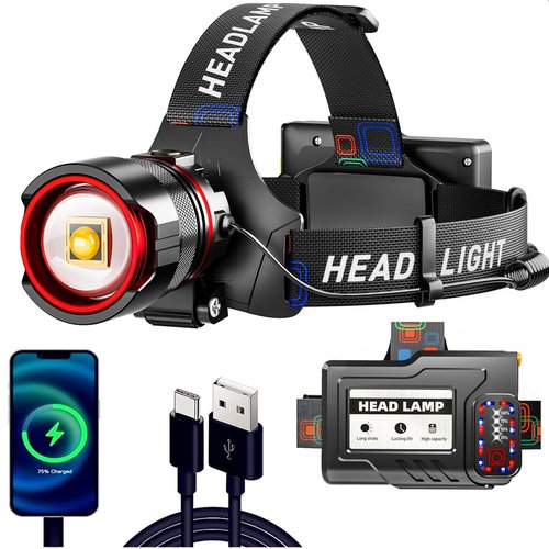 Headlamp Rechargeable 90000 Lumens Ultra Bright Head Lamp Super Bright Hard Hat Light Zoomable IPX54 Headlight Camping Accessories 6 Modes Waterproof Headlight Camping Gear for Adults Cycling Running