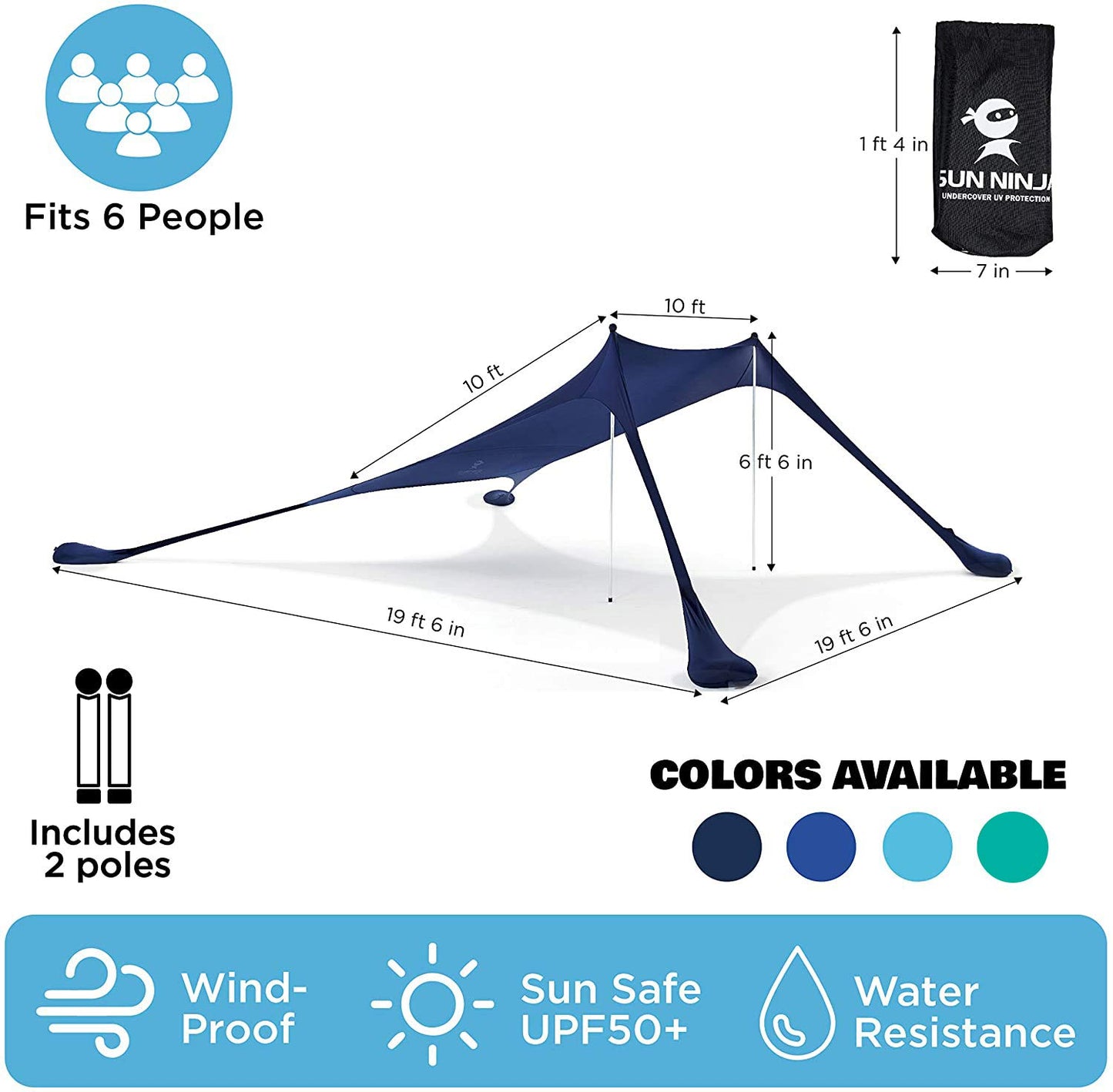 SUN NINJA Pop Up Beach Tent Sun Shelter UPF50+ with Sand Shovel, Ground Pegs and Stability Poles, Outdoor Shade for Camping Trips, Fishing, Backyard Fun or Picnics (10x10 FT 2 Pole, Navy)