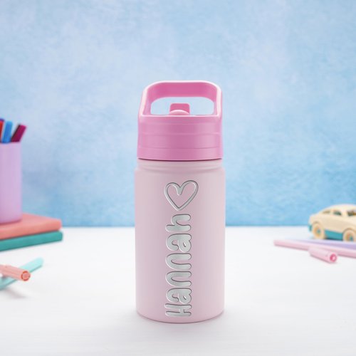 Personalized Water Bottle for Kids - Stainless Steel, 12 oz, Name & Icon, Leakproof Lid, Great Gift for Girls - Pink