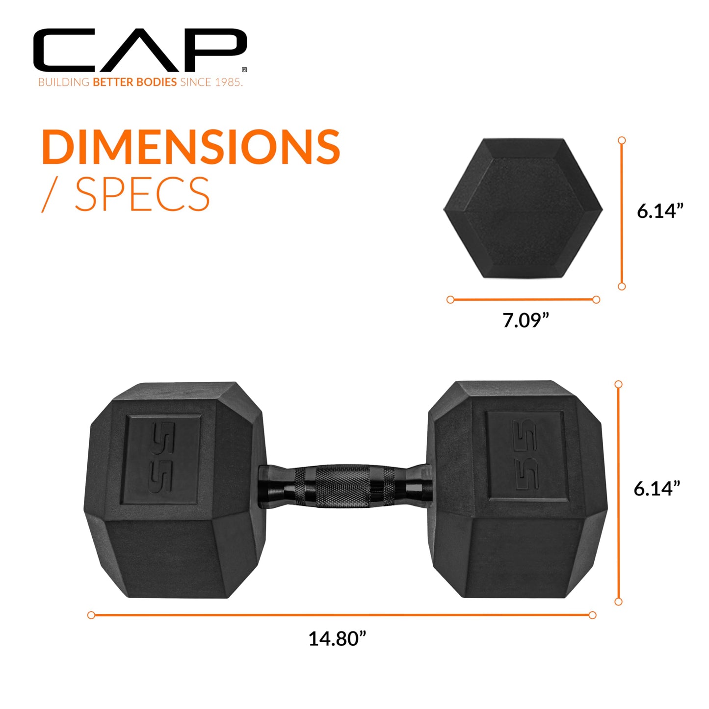 CAP 55 LB Rubber Coated Hex Dumbbell Weight, Rubber Free Weights for Home Gym Strength Training, Black Oxide Handle, Pair