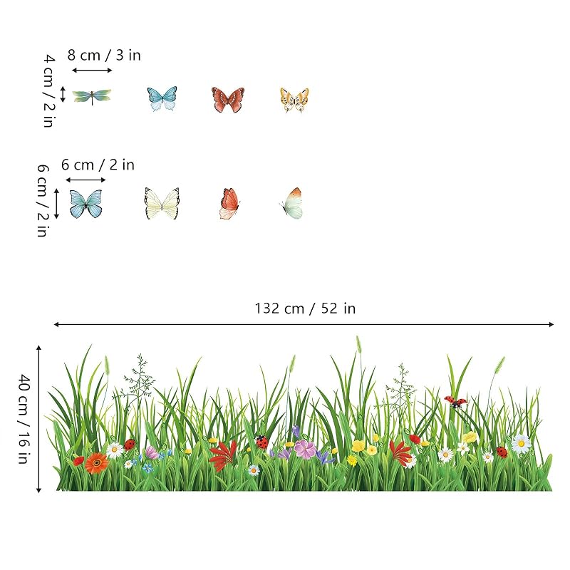 Wondever Green Grass Wall Decals with Flowers & Butterflies - 2 Sheets, 132cm x 54cm