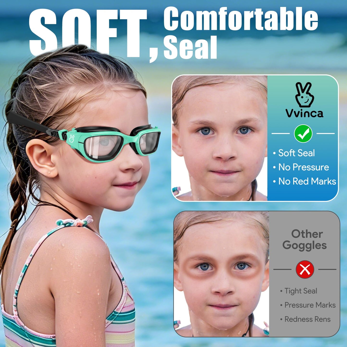 Vvinca Kids Swim Goggles, Swimming Goggles for Toddlers Kids 3-14 Anti-Fog UV Protection No Leak Pool Glasses for Boys Girls