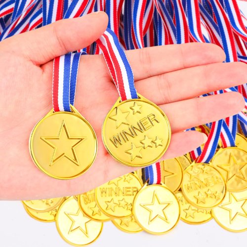 GCTWFYK 100 Pcs Plastic Gold Winner Medals for Kids, Award Medals Bulk with Ribbon for Sports Party Favors, Games Competition, Spelling Bee and Decorations