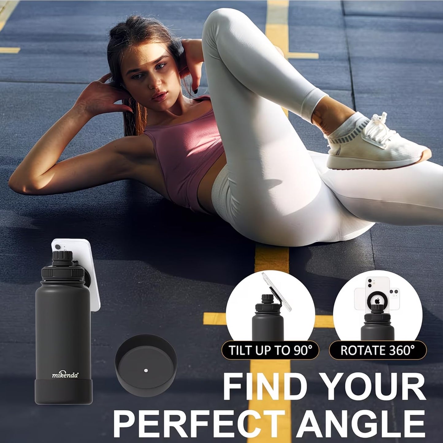 Mikenda 32oz Insulated Tumbler with Magnetic Phone Holder, Gym Water Bottle | Leak Proof Lid, 24hr Cold & 12hr Hot, Non-Slip Base | Travel Mug, Reusable & Eco-Friendly (black, 32, ounces)
