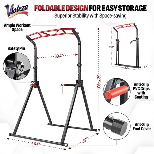 Violeza Foldable Pull Up Bar Dip Station, Adjustable Power Tower Pull Up Stand, Multi-Function Workout Tower Gym Strength Training Equipment for Home Outdoor, Triangular Design, Support 450lbs
