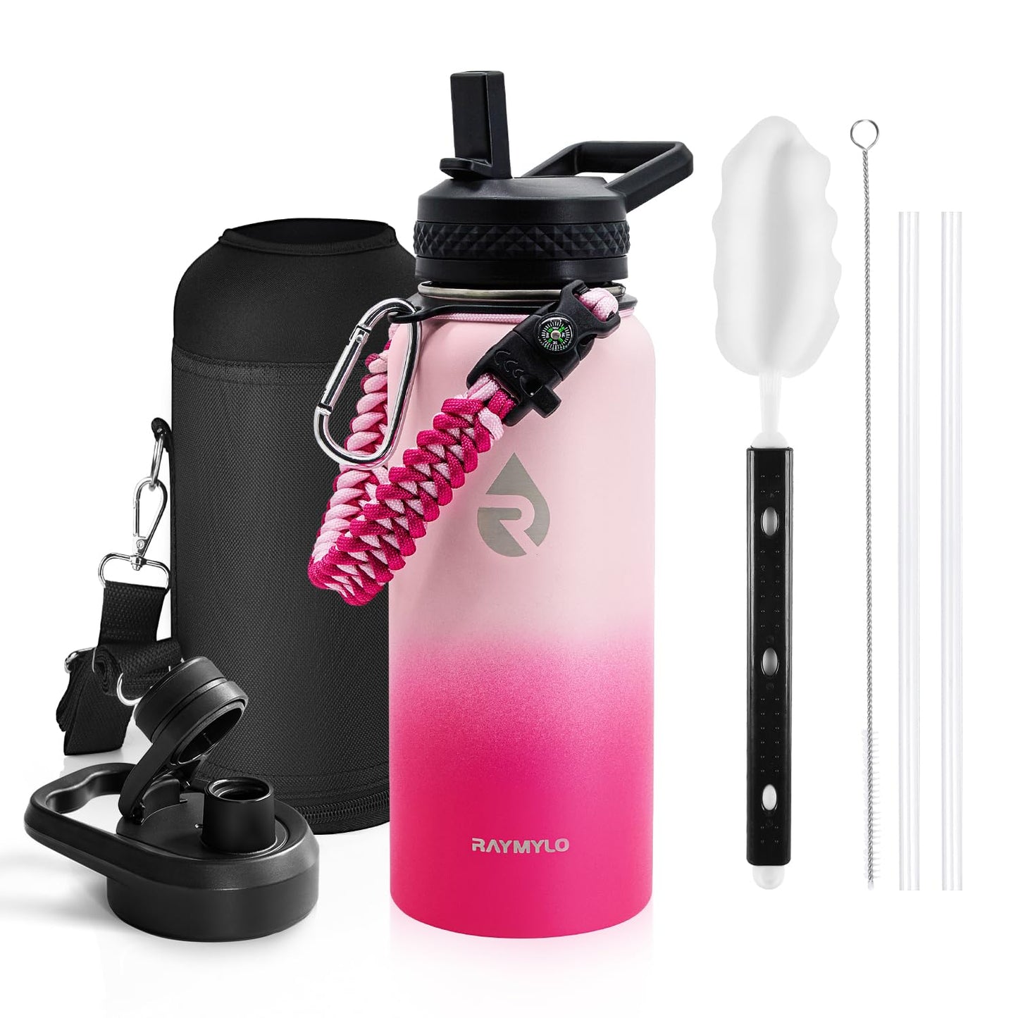 RAYMYLO Insulated Water Bottle 32 oz, Triple Wall Vacuum Stainless Steel (Cold for 24Hrs, Hot for 12Hrs), Leak Proof & Non-BPA, Modern Water Flask Jug with Paracord Handle & Straw Spout Lids