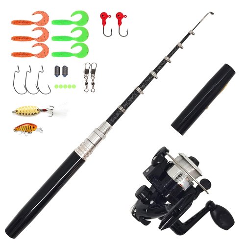 Portable Mini Small Fishing Rod and Spinning Reel Combos, Compact Telescopic 55inches Pocket Pen Fishing Pole with Line Lures Hooks for Freshwater, Ice Fishing and So On (Full Kits, 55inches / 140cm)