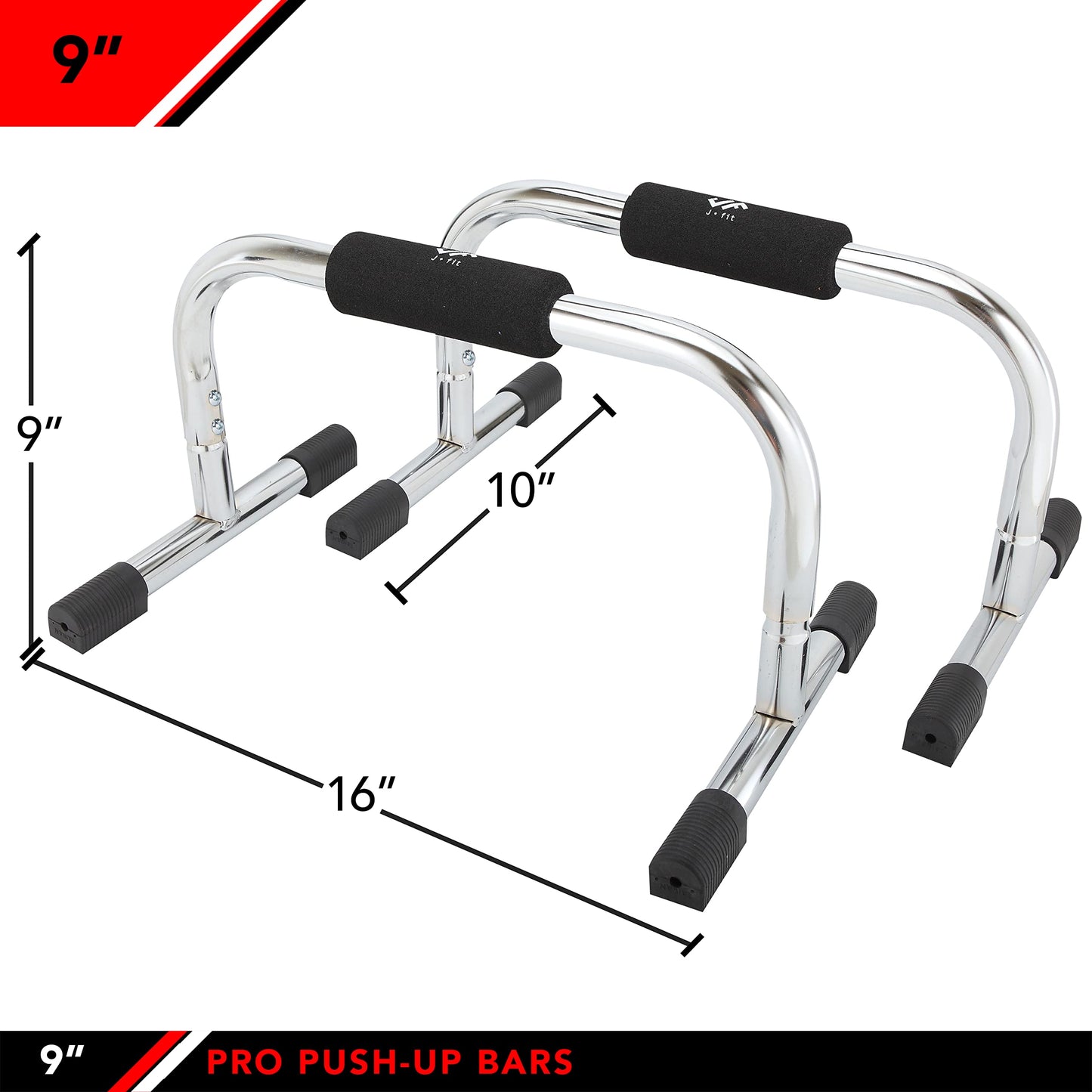 JFIT Tall 9″ Pro Push Up Bar Stand - Durable Metal Fitness Equpiment Made in Taiwan - Padded Handles For Secure Grip, Non Skid Feet, Elevated Bar For Enhanced Push Ups