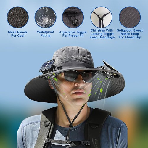 UPF 50+ Outdoor Wide Brim Sun Hat with Built-in Solar Fan - Ideal Fishing & Beach Bucket Hat for Men and Women Black